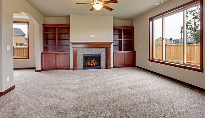 Professionally cleaned plush carpet in living room with fireplace
