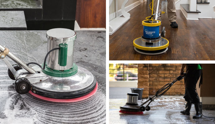Collage of hard floor cleaning and buffing