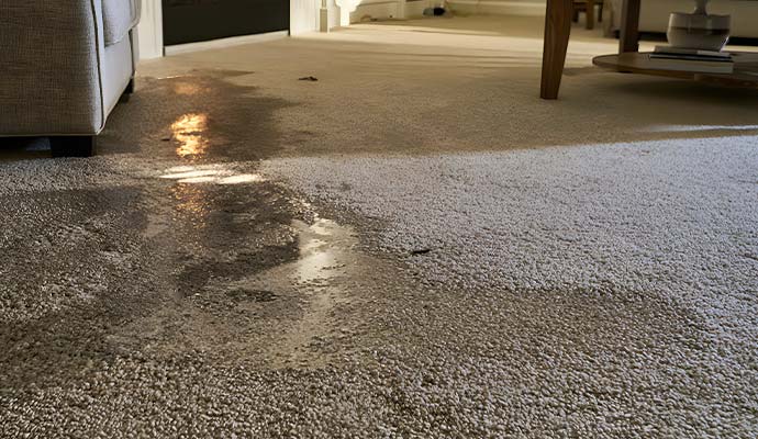 Standing water on a living room carpet from a leak