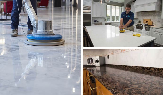 A collage showing a technician polishing a marble floor with a buffer, a professional cleaning a kitchen island, and a shiny granite countertop