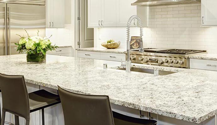 Polished marble countertop in the kitchen room