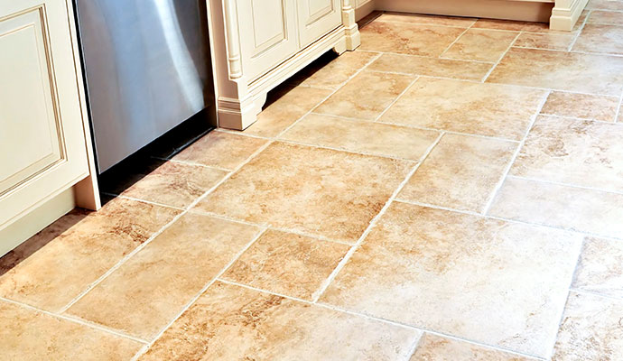 Kitchen tile floor with clean grout lines