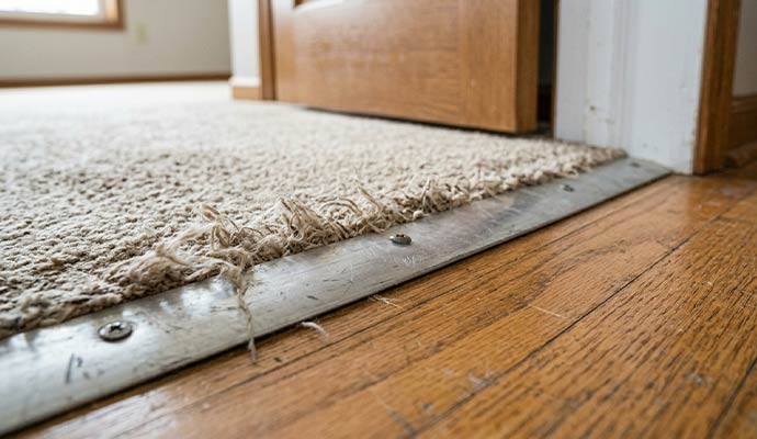 A silver metal transition strip installed between two sections of grey carpet in a doorway