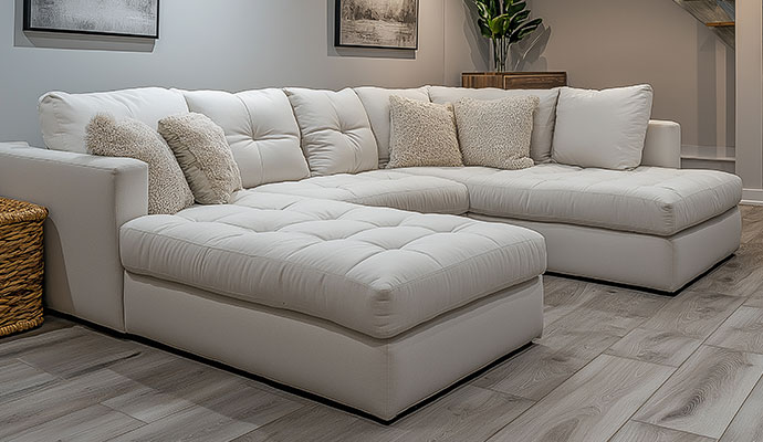 Modern living room with a large white sectional sofa